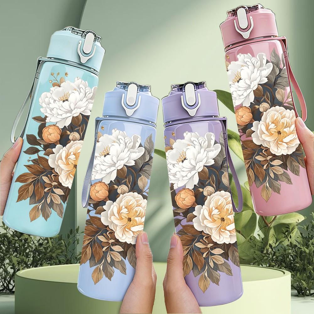 1PC Peony Rose Dried Bouquet Art Print 750ml Color Plastic Sports Water Bottle Leakproof Flip Straw Lid Suitable for Sports Office Home Use