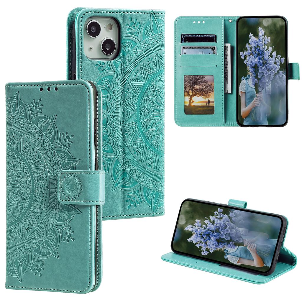For iPhone 15 PU Leather Stand Cover Mandala Flower Imprint Wallet Phone Case with Strap
