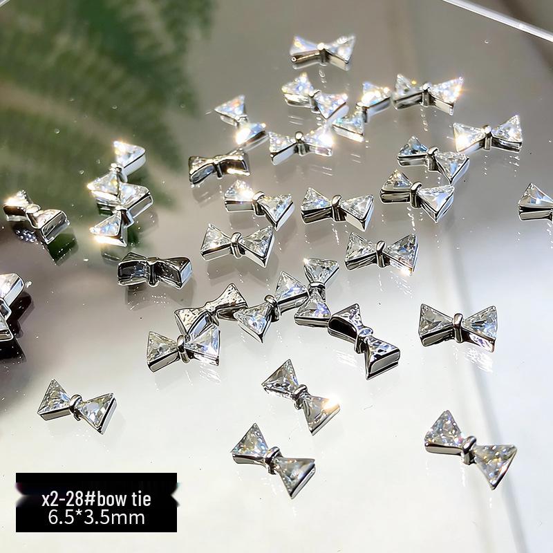 Silver Mini Bow Zircon Nail Art Rhinestones - Heart-Shaped Luxury Nail Decoration
