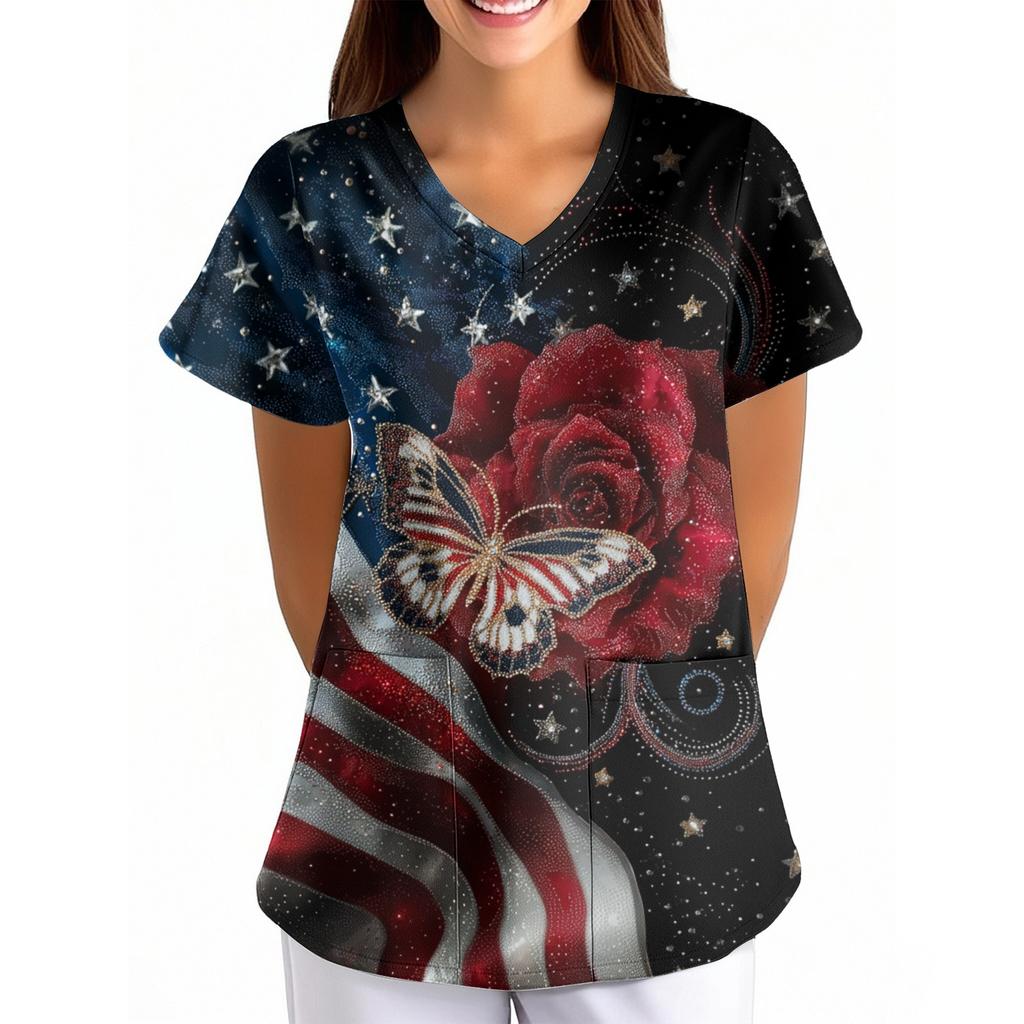 Women's Independence Day Printed Loose V-Neck Pocket Short-Sleeve Caregiver/Uniform