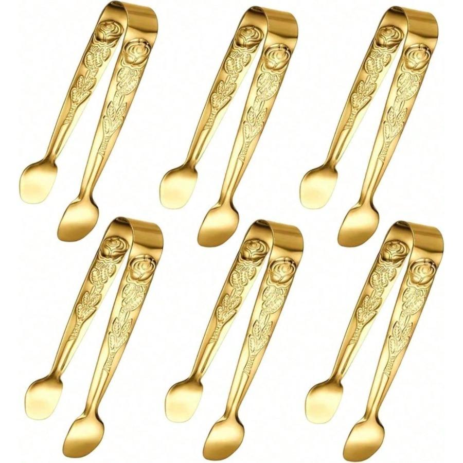 6PCS Mini Serving Tongs, 4Inch Rose Stainless Steel Sugar Cube Tongs, Sliver Small Ice Tong For Tea And Coffee Party