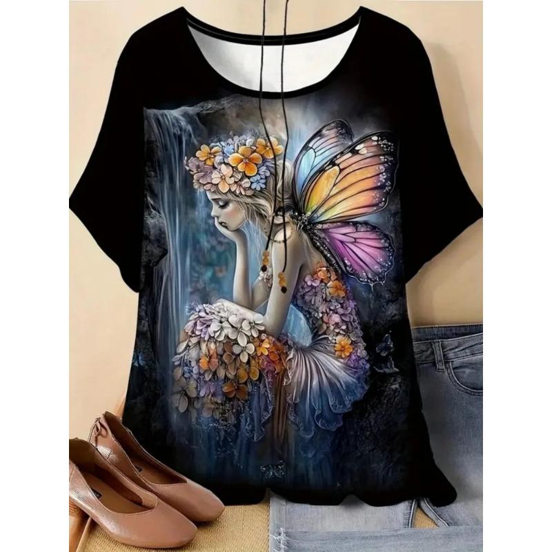 Women's T-shirt 3D Pattern Printed Casual Short Sleeved Cartoon Girl Image Print O-Neck Top Fashionable Street Women's Clothing