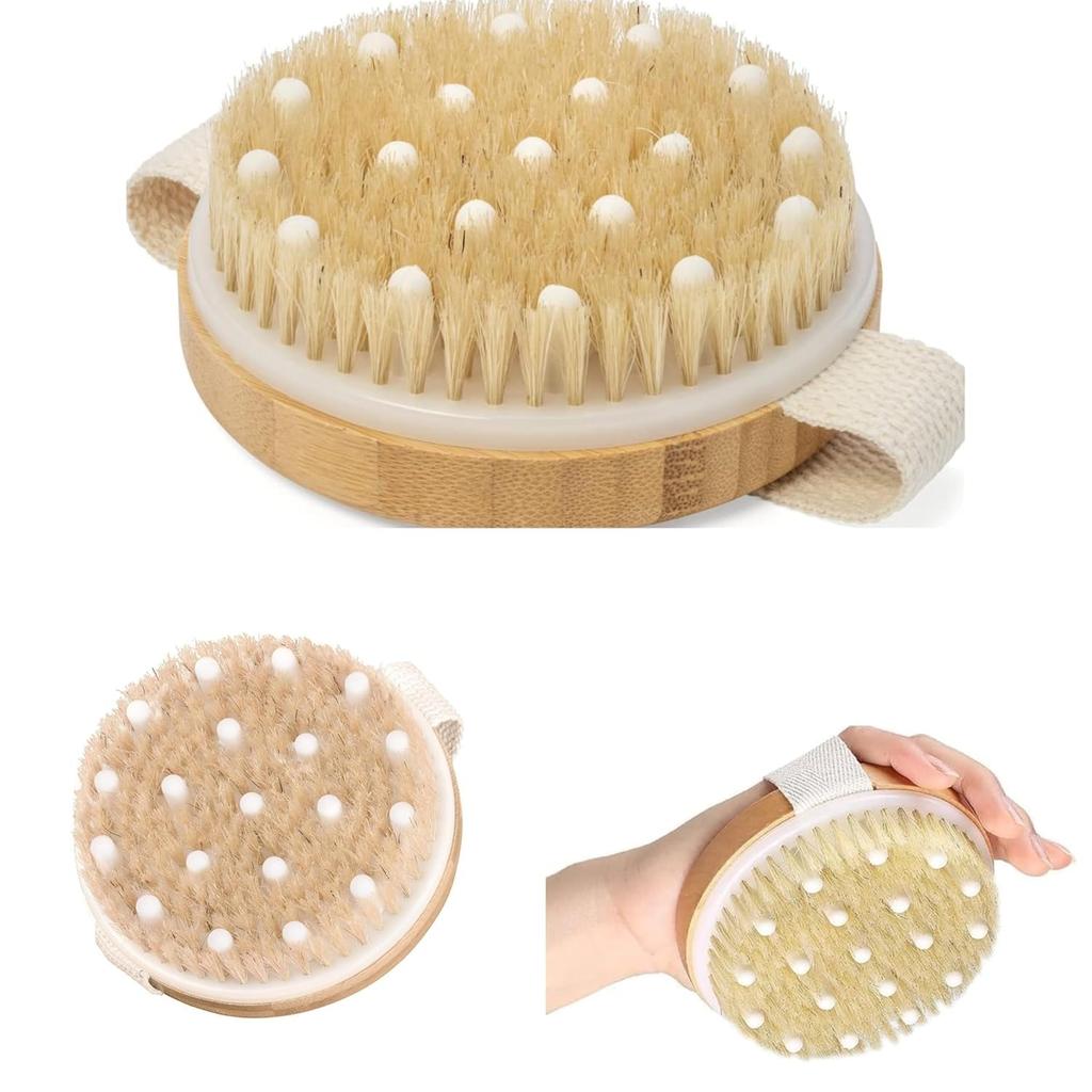 RMYKX Teak Dry Brushing Body Brush – Bristles for Exfoliating, Cellulite Massage, Skin Stimulating, Wooden Handle (Multicolor)