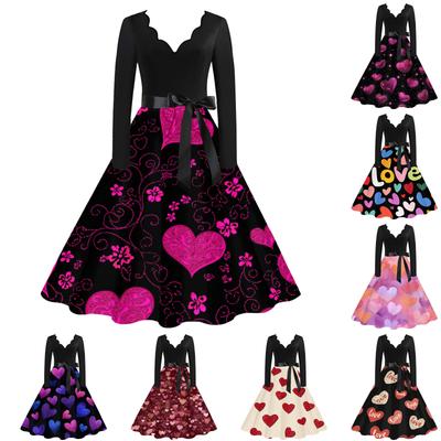 Women's Casual Fashion V,neck Valentine's Day Print Retro Dress