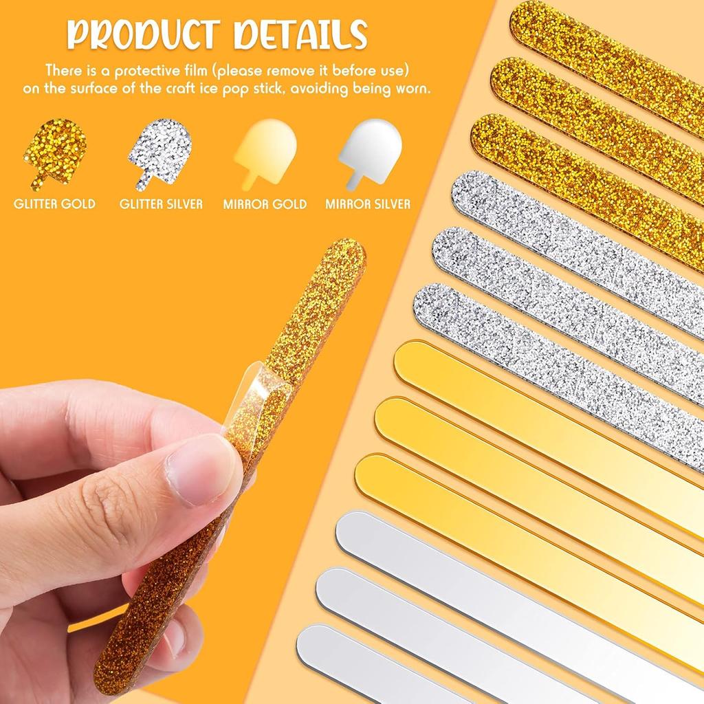 Geiserailie 80 Pieces Glitter Acrylic Sticks 4.53 Inch Reusable Mirror Sticks Laser Stick Craft Ice Cream Sticks for Party, Festival and Home DIY, 2