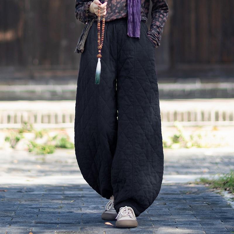 Johnature Women Vintage Bloomers Pants Winter Elastic Waist Solid Color Trousers Warm Loose Pants