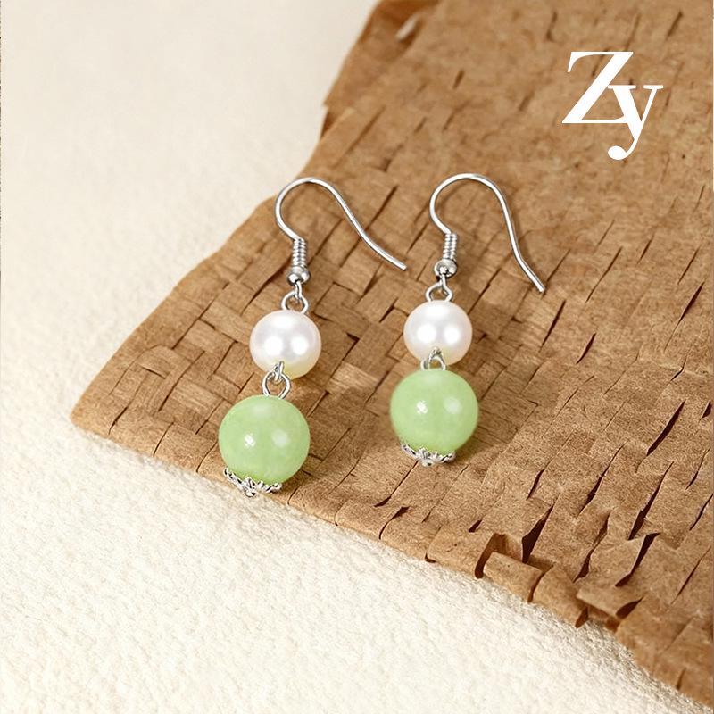 Elegant Green Chalcedony Pearl Earrings for Women - Unique Chinese Hanfu Qipao Design