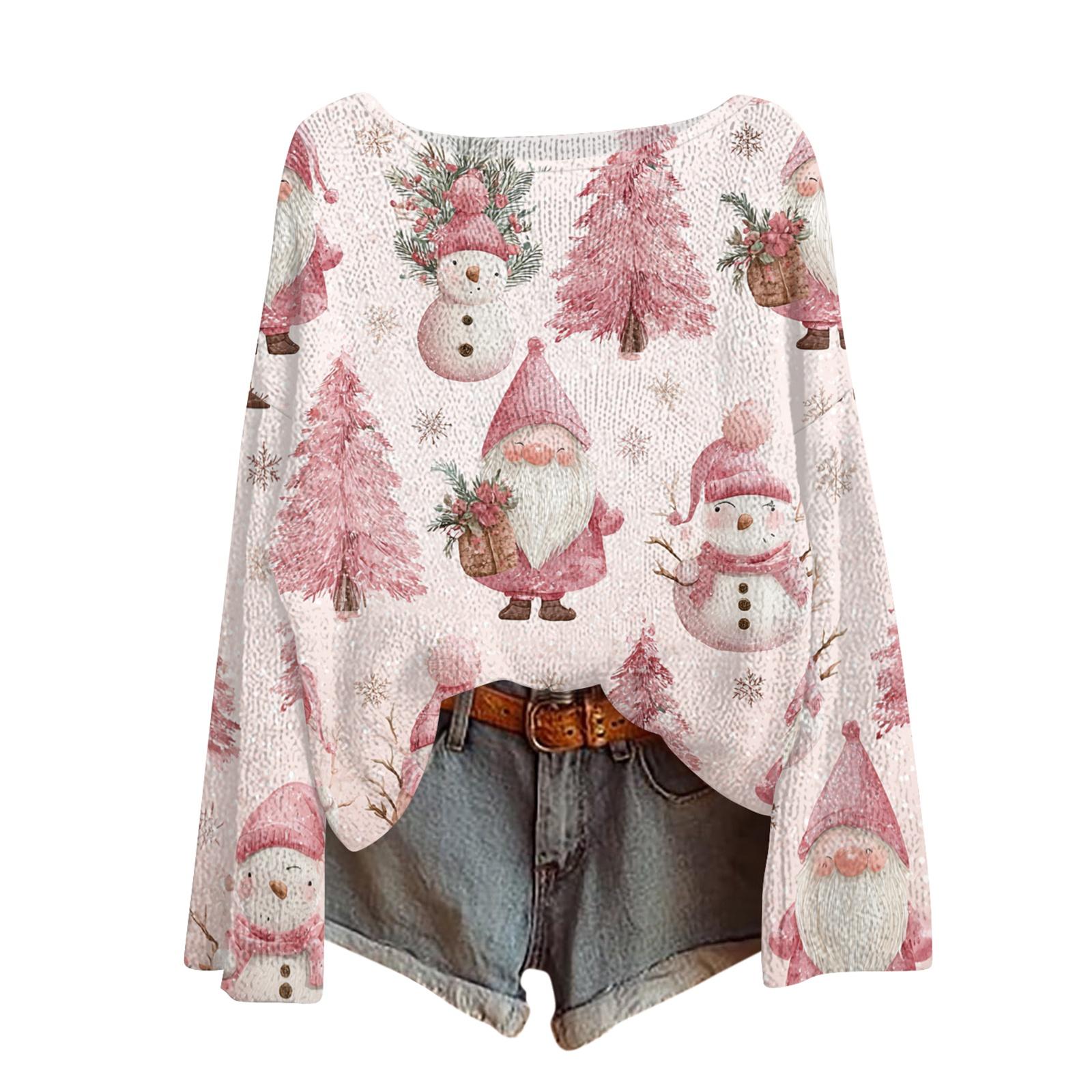 

Womens Fall Sweaters Long Sleeve Print Tops Pullover Sweaters Loose Dressy Casual Basic Clothes L розовый