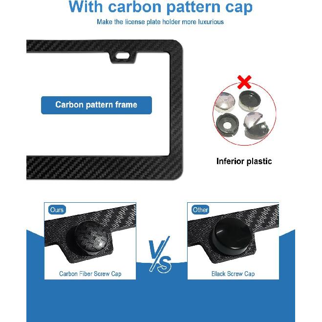 Carbon Fiber License Plate Frames- Black Plastic Car Tag Holder, 2 Pack 2 Hole Front Rear Bracket With Screw Caps And Car Door Handle Stickers