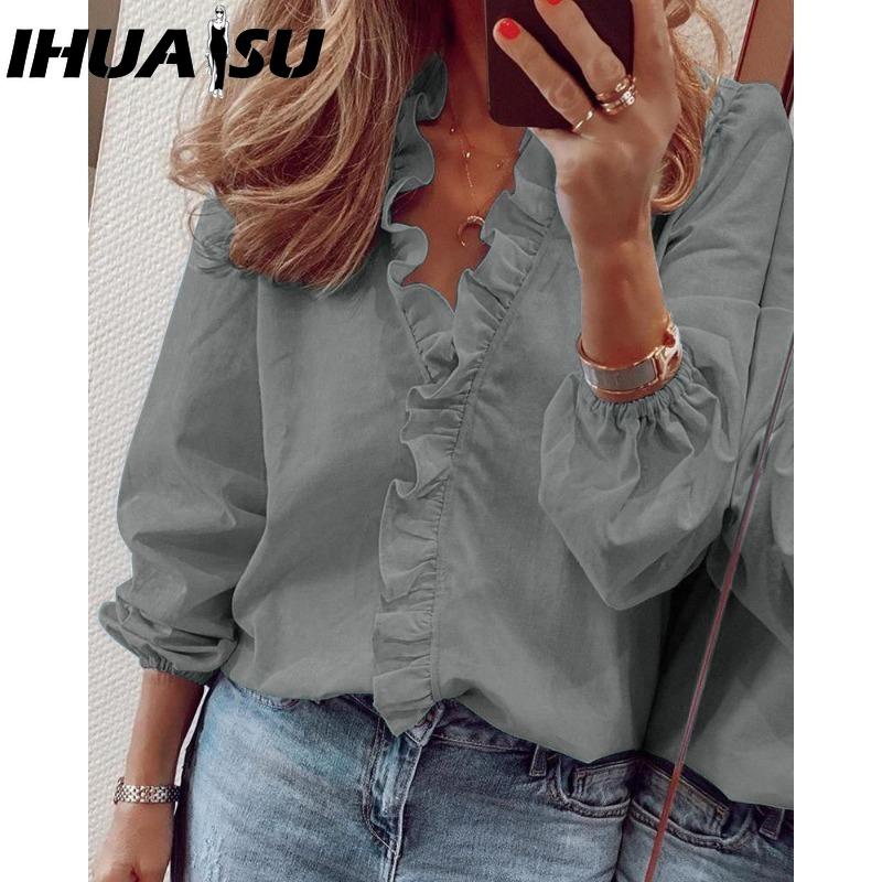 IHUASU Women's Fashion Casual Solid Color Print Long Sleeve V Neck Blouses & Shirts