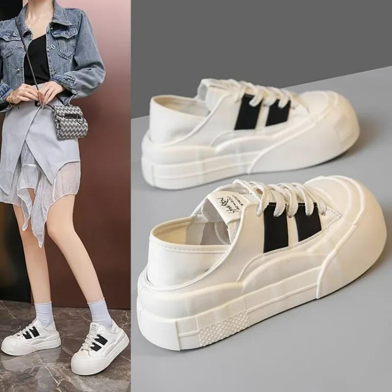 Moda 2024 Nowe 5cm Syntetyczne Damskie Stabilne Wysokie Platformowe Gruba Podeszwa Sneakersy Modne Wiosenne i Jesienne Wulkanizowane Buty Sznurowane