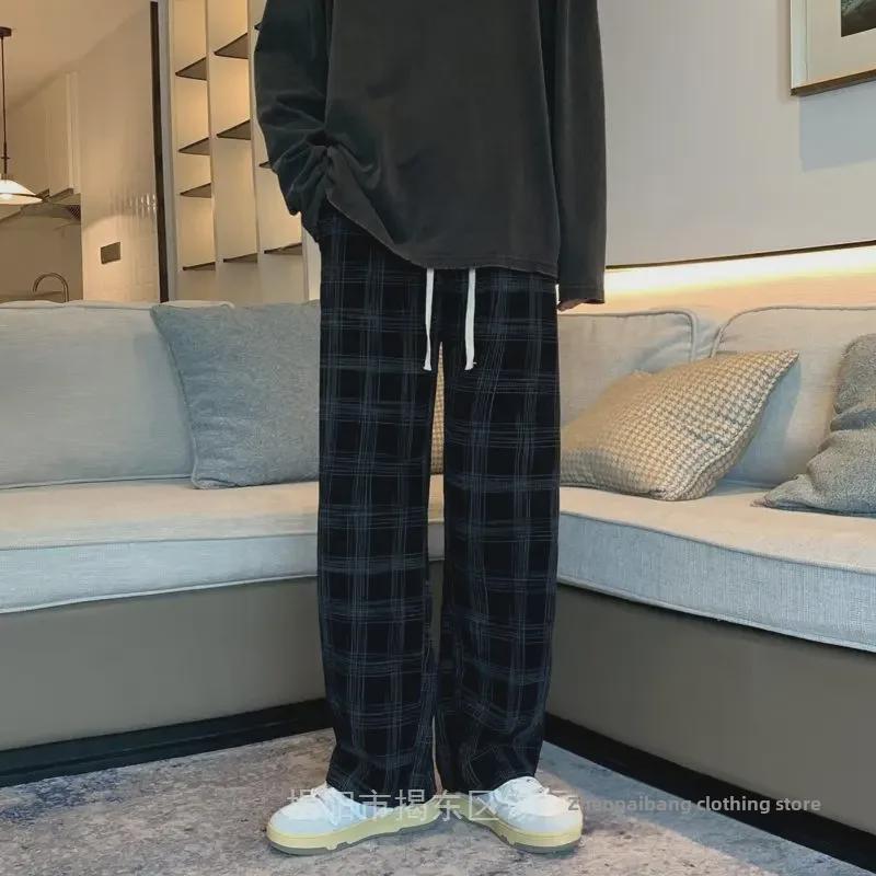Herren Kord Plaid Lässige Weitbein Hose - Hong Kong Stil, Trendy, Locker sitzend, Gerade Bein Hose
