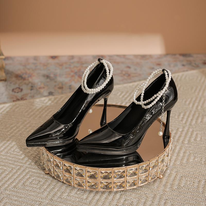 Patent Leather Waterproof Table High Heels Fairy Fairy Temperament Pearl Word with Light Mouth Thin Heel Not Tired Feet Single Shoes