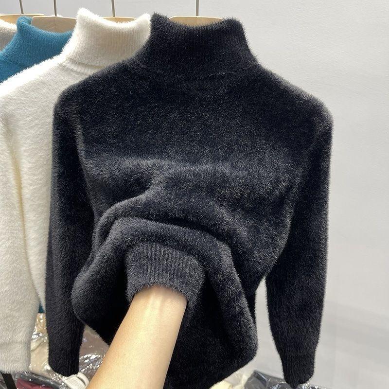 Women's Turtleneck Sweater Faux Mink Women Solid Plush Thickened Warm Bottoming Shirts Basic Knitwear Thermal Pullovers