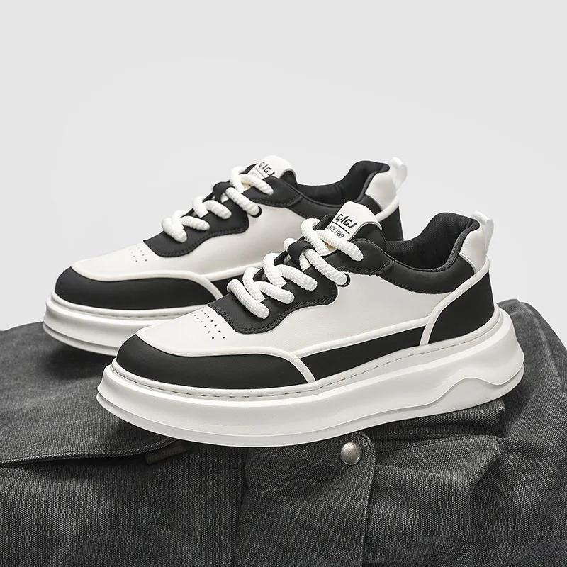 European New Shoes for Men Genuine Leather Casual Platform Shoes Fashion Flat Skateboard Shoes Lace-up Sneaker