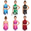 Girls Sparkly Tassel Crop Top Halter Sleeveless Backless Design Built-in Shorts Skirt Latin Competition Set