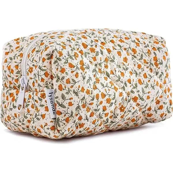 Storage Organizer Floral Puffy Quilted Makeup Bag Flower Printed Cosmetic Pouch Large Travel Cosmetic Bag Makeup Accessory