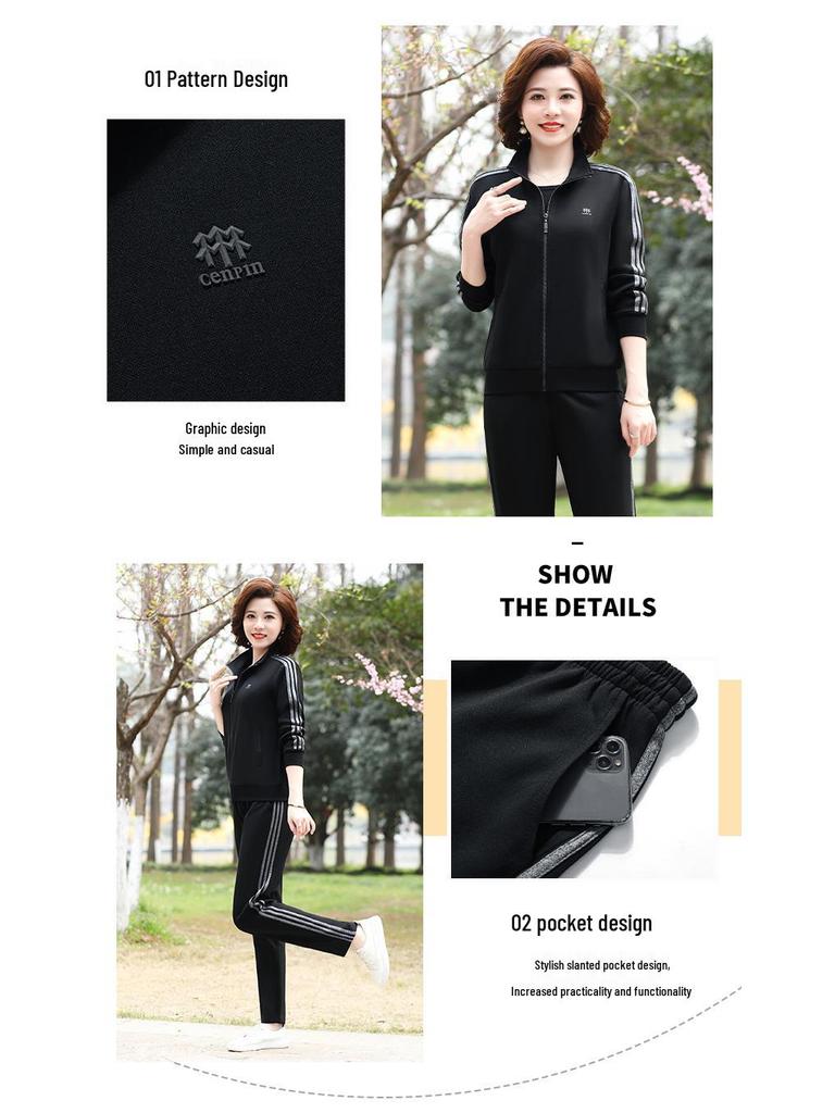 Women's Spring/Fall Casual Sportswear Set: Loose Fit Long-Sleeve Jacket & Sweatshirt, Plus Size, 2-Piece for Middle-Aged & Elderly
