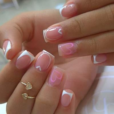 24Pz Unghie Finte Francesi Bianche Lucide Corte Quadrate Press On con Cuore Rosa ABS Opaco Vestibilità Naturale Uso Quotidiano