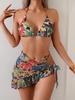 Tropical Print Halter Tie Backless Three Piece Bikini Elegant For Summer Beach Holiday