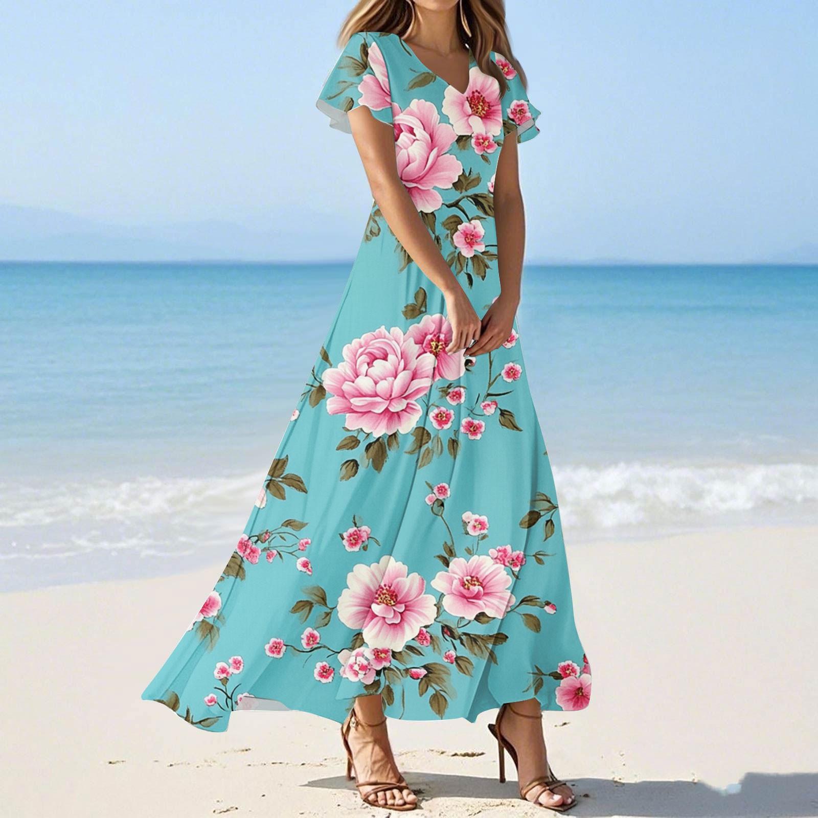 

Женское летнее повседневное модное платье с цветочным принтом и V-образным вырезом с коротким рукавом XXL циан