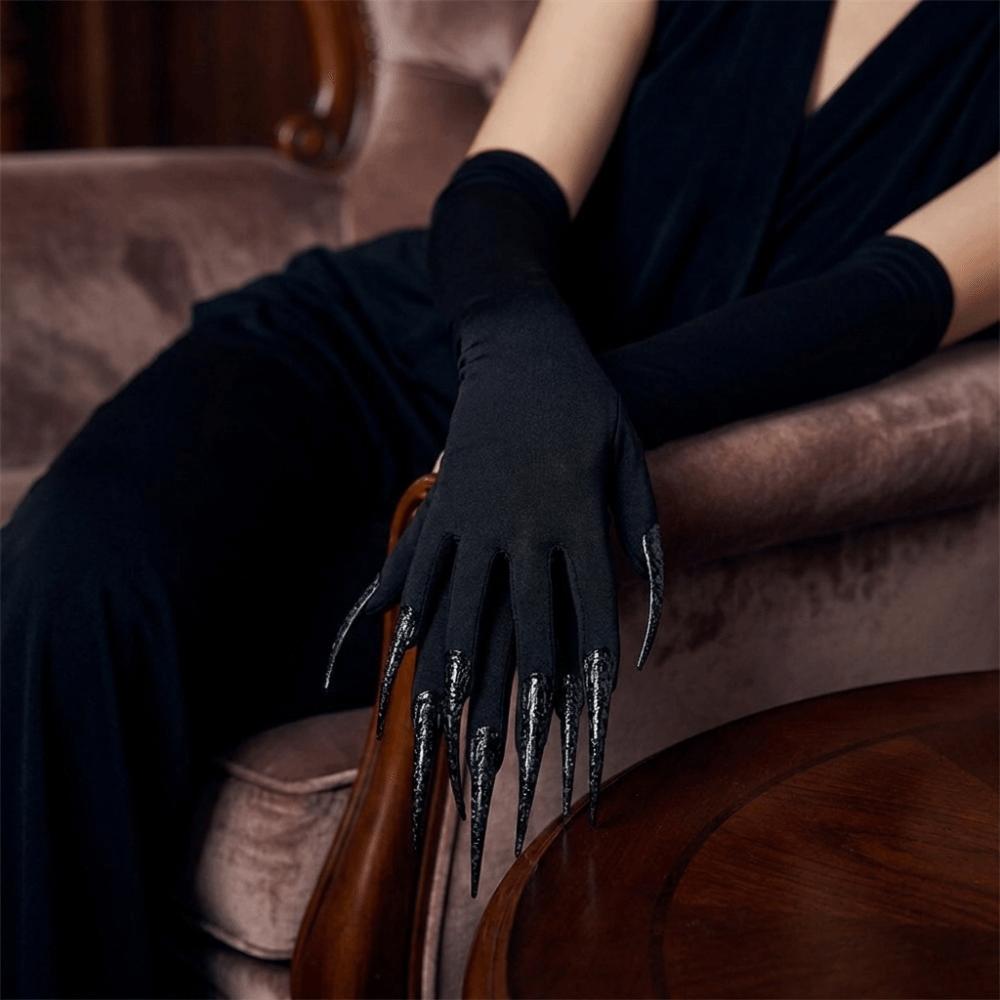 Gothic Long Nails Gloves Polyester Black Stretch Halloween Witch Gloves Elastic Black Detachable Claw Nails Gloves Roleplay