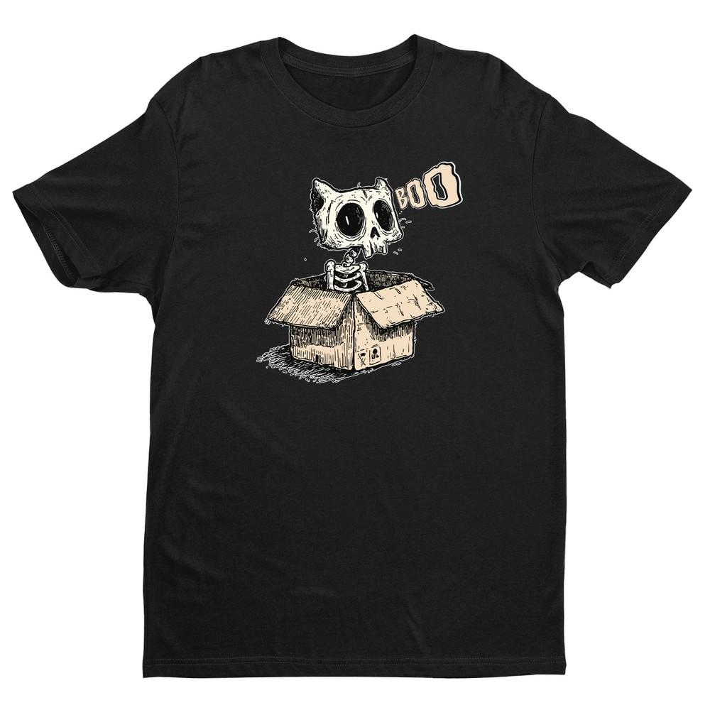 Skeleton Cat Boo T-Shirt, Creepy Gothic Halloween Cat Shirt, Spooky Box Cat Tee L