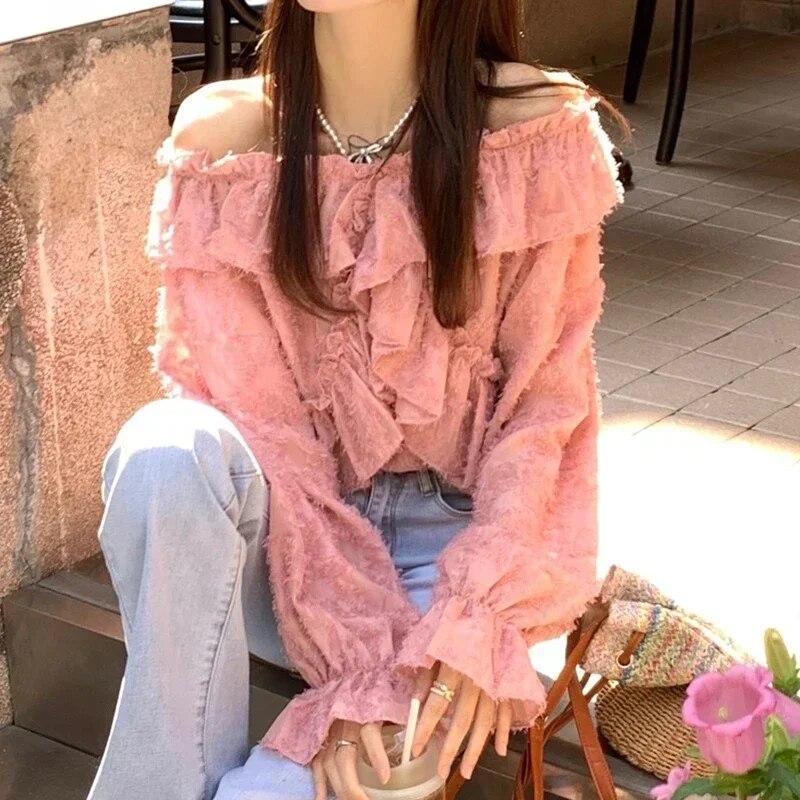 Off Shoulder Casual Lace Shirt Women Elegant Ruffled Long Sleeve Blouse Women Clothes Sweet White Tops Women Clothing 29972