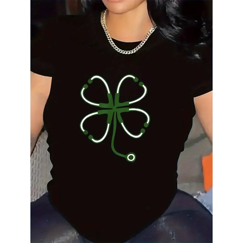 

European sizes Women S Black and White Shamrock Graphic T-Shirt - Stylish Polyester Crew Neck, Lightweight & Comfortable for Casual Wear, Home 4XL