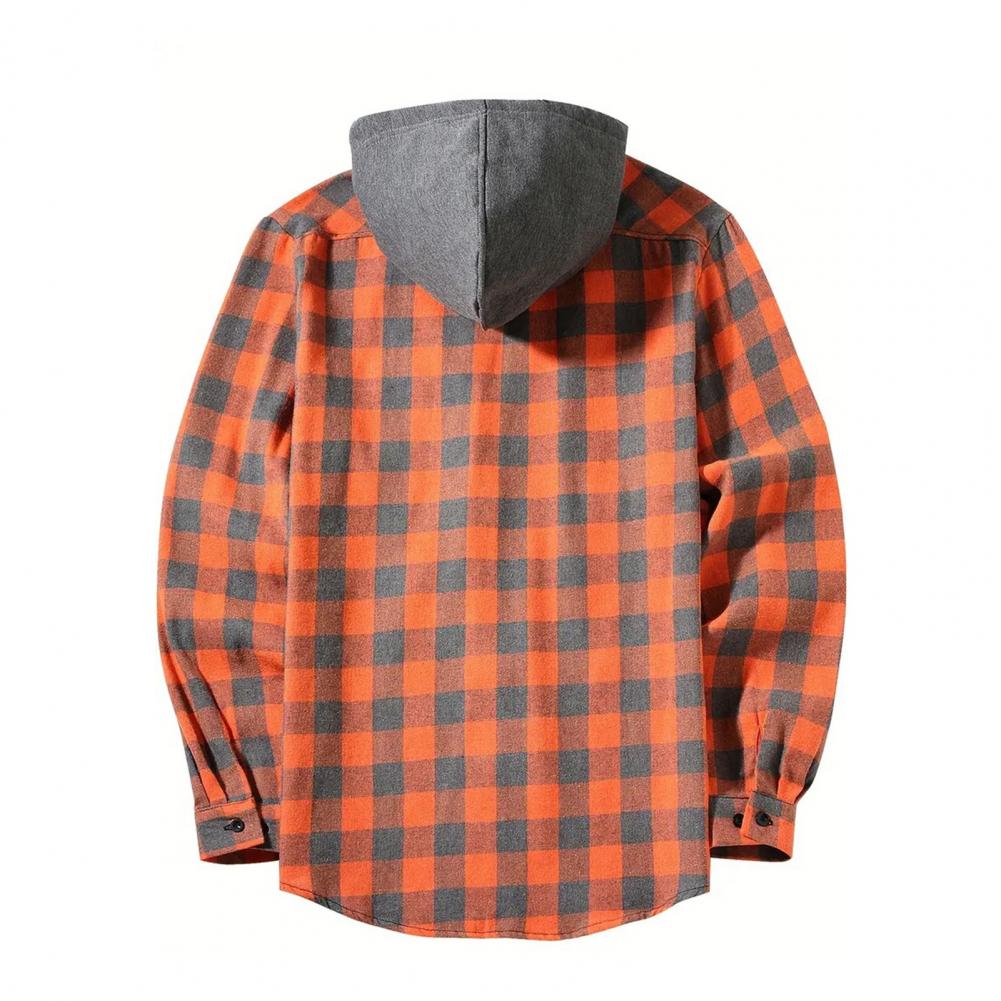 Fall Spring Men Shirt Hooded Drawstring Long Sleeves Color Matching Plaid Print Single-breasted Daily Wear School Home Shirt Coa