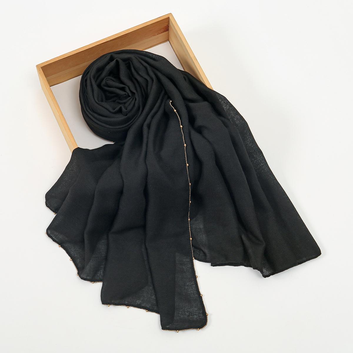 

Однотонный вуаль хиджаб с роскошной отделкой цепочками, женский мягкий шарф из хлопка и льна, тонкий легкий вуаль шаль с блестящей мерцающей кромкой, тюрбан