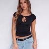 Sexy Einfarbige Schnürung Skinny Kurzarm T-Shirt Damen Lässig Täglich Bluse Top