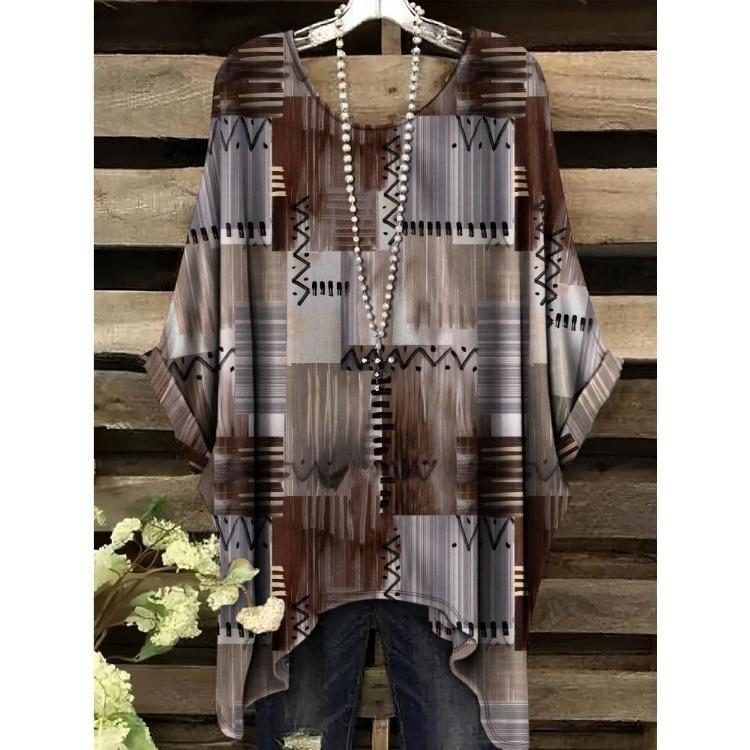 Women Vintage Plaid Stripe Printed Asymmetrical Hem O Neck Short Sleeve T Shirt Casual Fashion Street Top