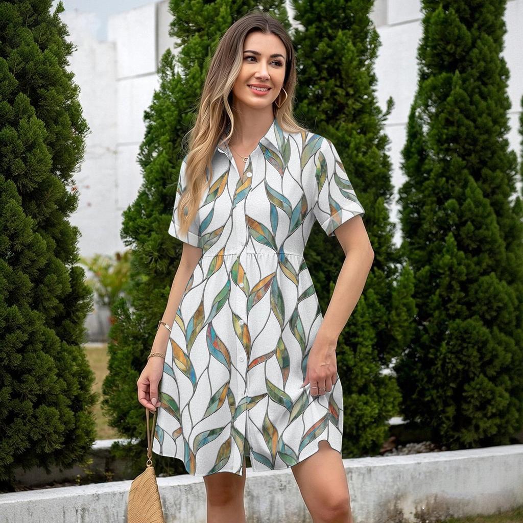 Casual Loose Fit Shirt Dress with Button Front and Stand Collar Short Sleeve Lightweight Summer Dress for Women