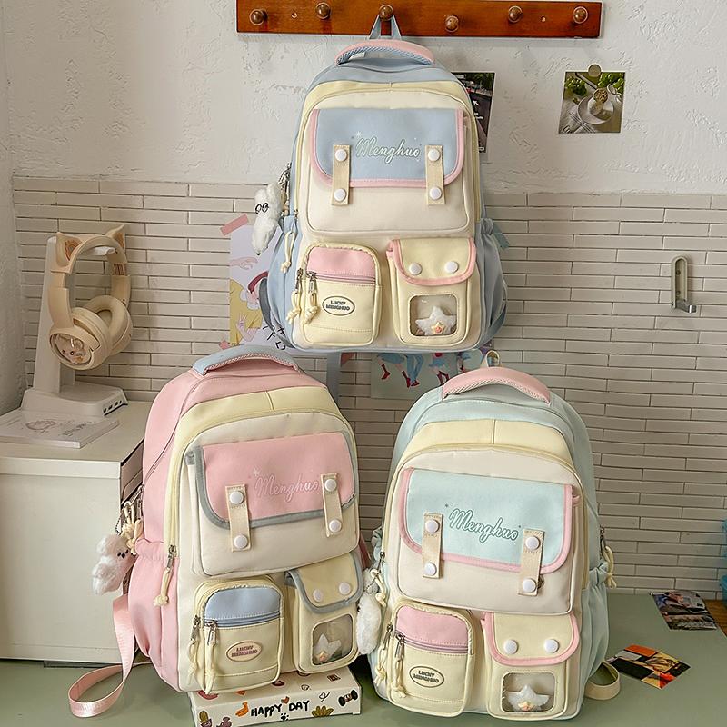 Sac d'école pour collégienne Sac à dos pour ordinateur à blocs de couleurs pour femmes Grande capacité Sac à dos pour livres