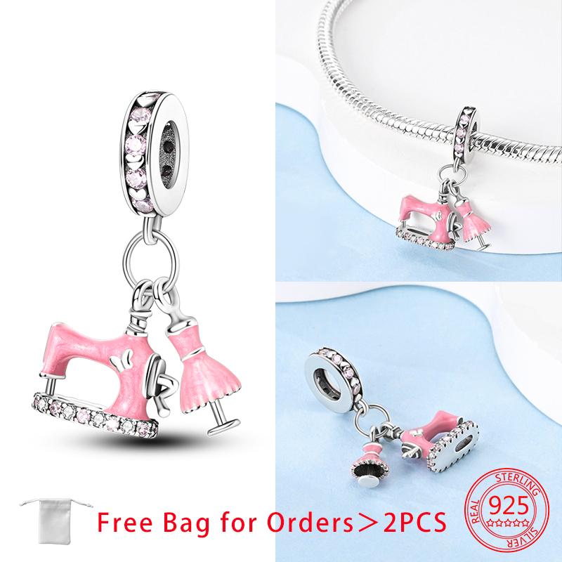 Original Charms Copper Pink Room Alarm Clock Beads Sewing Machine Drawing Board Pendant Fit Diy Bracelet Jewelry Women Gift