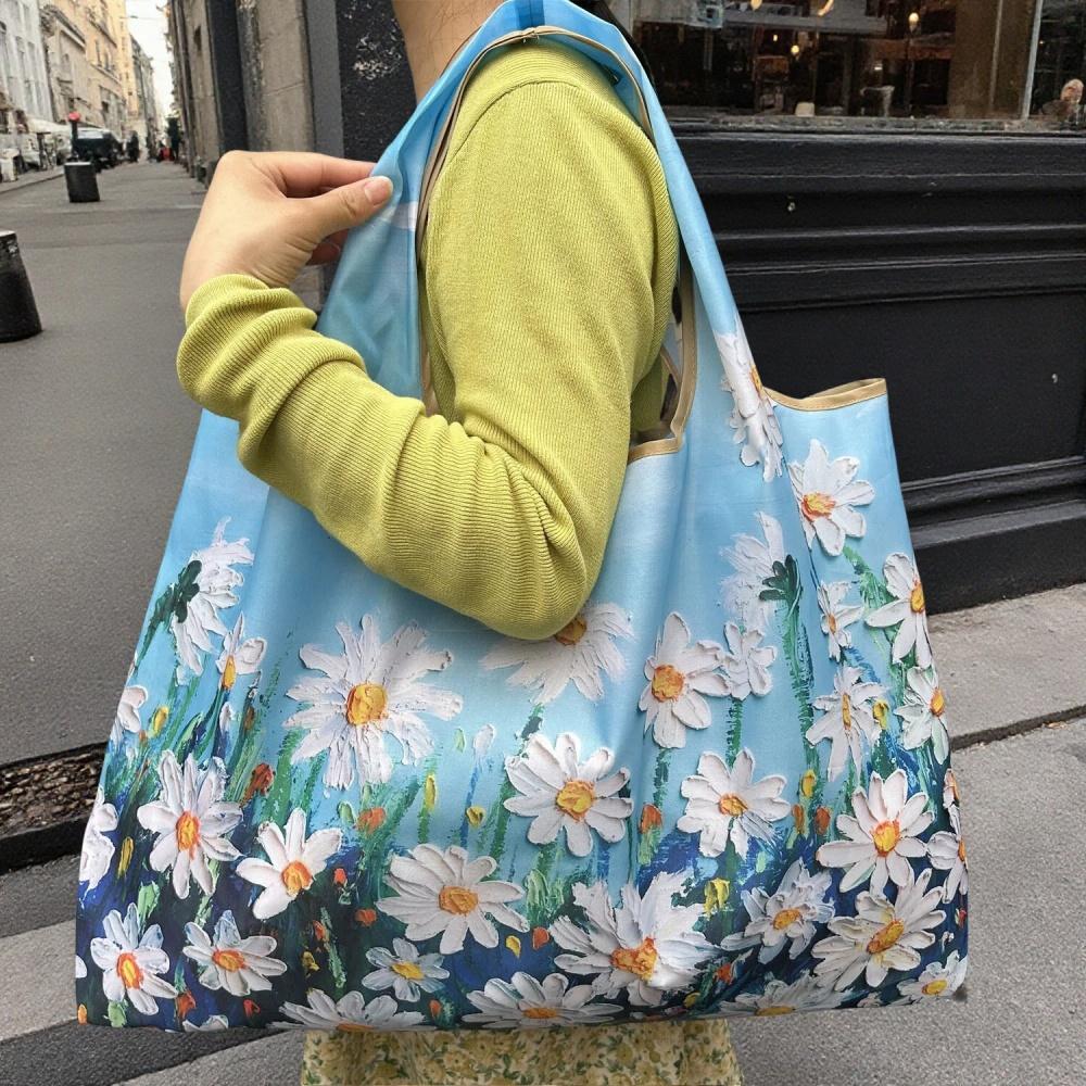 Large Foldable Shopping Bag Fashion Oil Painting Reusable Grocery Storage Bag Oxford Portable Shoulder Handbag Tote Bag