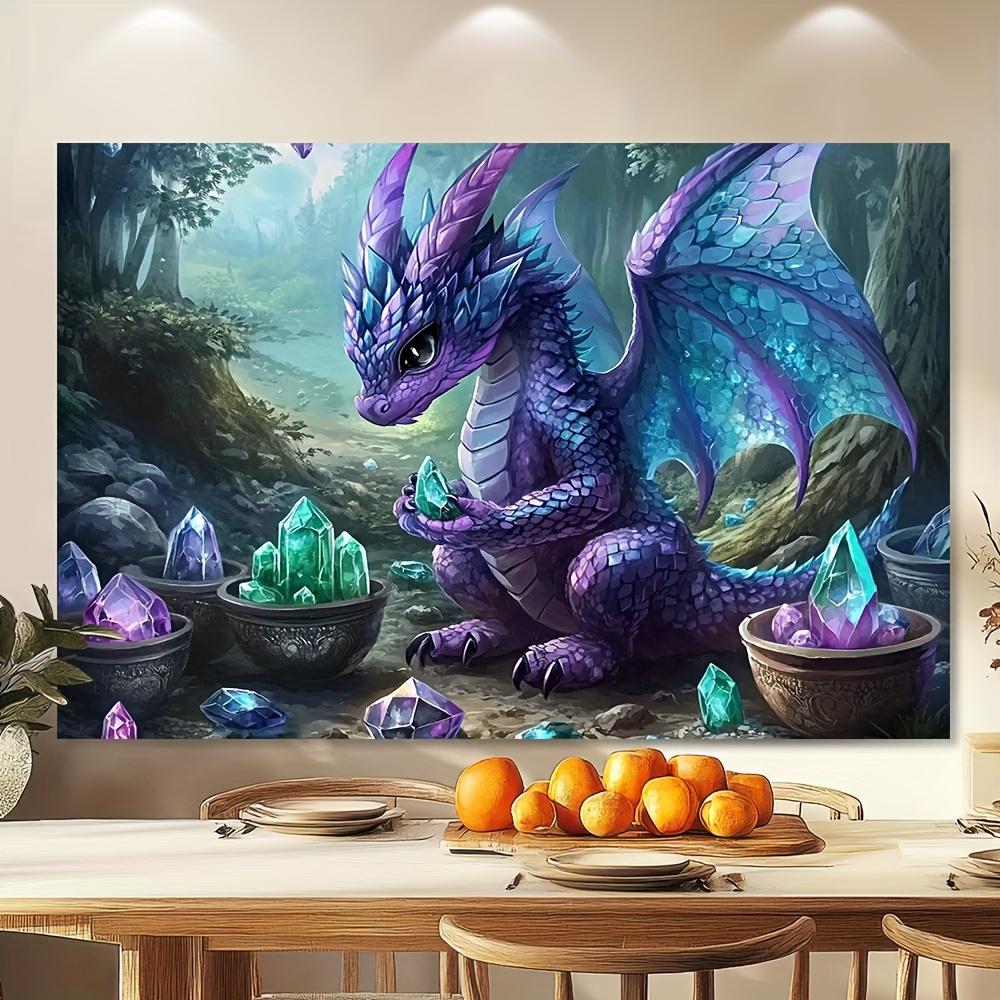 Lila Drache mit Kristallen Fantasy Kunst Wandteppich Für Kinderzimmer Schlafzimmer Dekoration Mythisches Wesen Kunstdruck Zuhause