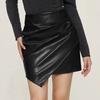 Women's PU Leather Mini Skirt High Waist Ruched Wrap Bodycon Skirt Elegant Commune Irregular Hem Leather Skirt