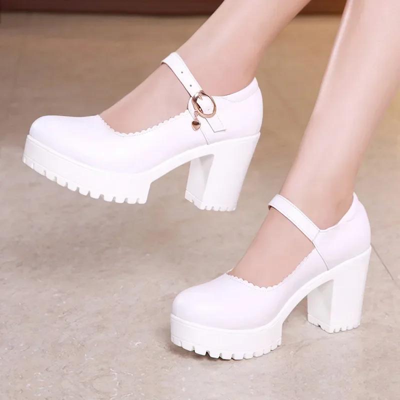 8cm 10cm Small Size 32-43 Elegant Office Ladies Soft Leather Mary Janes Platform Shoes 2025 Fall Block High Heels Shoes Work Mom