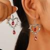 Spiked Heart Dangle Earrings With Red Drop Charms Gothic Style Silver Tone Earrings For Women