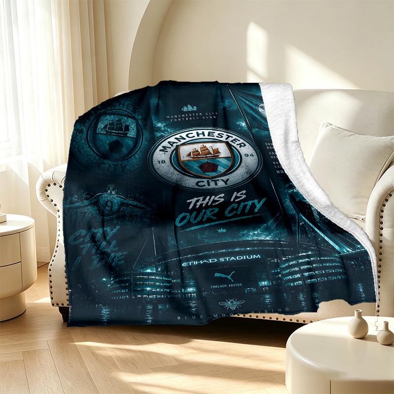 Manchester City FC Pattern Blanket for Home Decoration, Bed, Sofa, Car Travel, Camping, Suitable for All Seasons, Birthday Christmas Gift