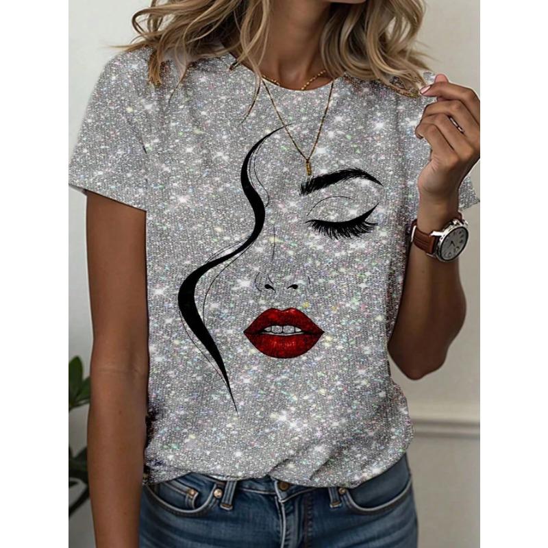 Tricou de damă Artă liniară abstractă cu față Imprimeu grafic Topuri Casual Gât rotund Mânecă scurtă Tricou Modă de vară Îmbrăcăminte de damă Cămașă