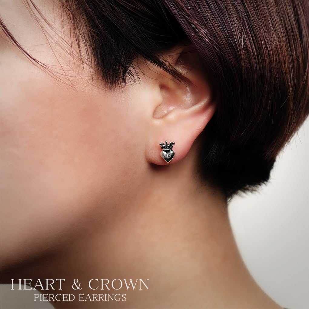 [Shinjuku Gin No Kura] Heart Crown Stud Earring (Single Earring) - Crown Style, 925 Sterling Silver, Gothic, Gothic Lolita Style, Small