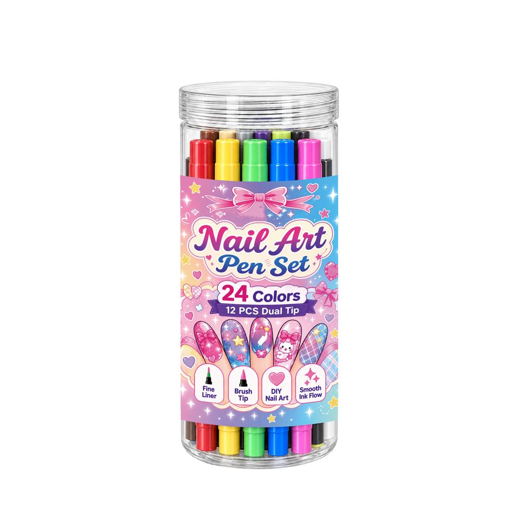 Dual End Nail Art Markers, 24 Colors Nail Painting Pen Kit for Home DIY Nail Decorations, Smooth Ink Flow Nail Drawing