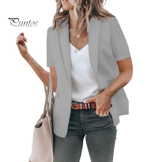 Women Casual Suit Coat Lapel Short Sleeve Single Button Suit Jacket Solid Color Flap Pockets Summer Business Outwear