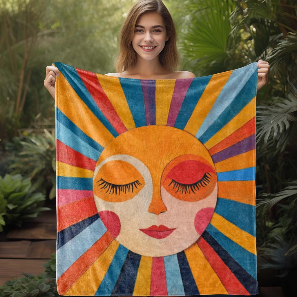 1pc Sdoo Flannel Blanket - Retro Sun Print Design, Ultra-Soft & Warm All-Season Throw for Sofa, Bed, Camping, Travel - Vibrant M
