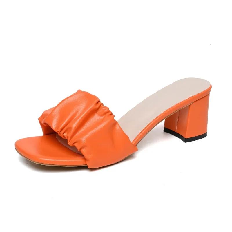 Fashion Women Summer New Chunky Heel Slippers Fashion Pleated Square Toe Green Orange Women Sandals Casual Elegant Ladies Dress Sandals