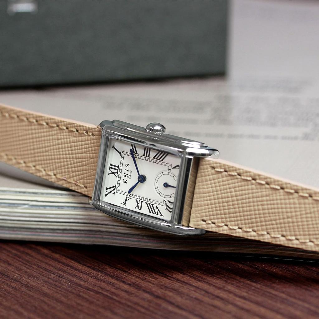KNIS Kyoto Japan KN004-SVBESF Unisex Classic Rectangular Watch Quartz White Dial Roman Numerals Silver Beige Saffiano Leather 3ATM Water Resistant