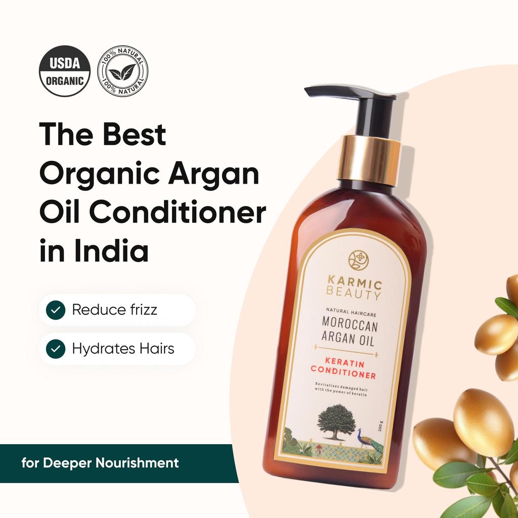 KARMIC BEAUTY Hair Conditioner | 100% Organic Moroccan Argan Oil & Keratin | For Dry, Frizzy & Color Treated Hair | Hydrates & Protects Hair | Sulfa